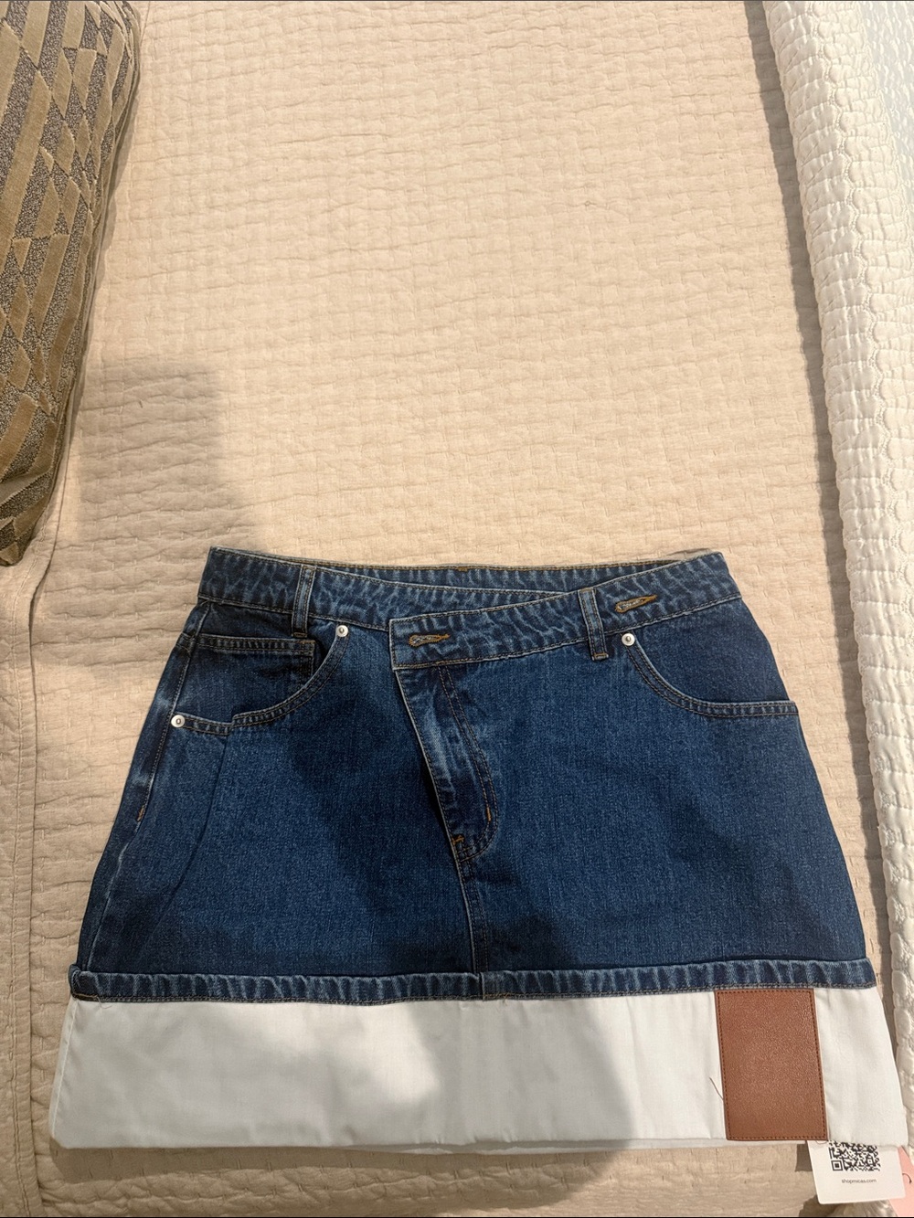 Dark Blue Denim Mini Skirt with White Hem and Brown Patch